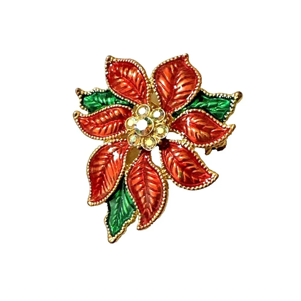 Vintage TC POINSETTIA Brooch Christmas Red Green Enamel 1.75